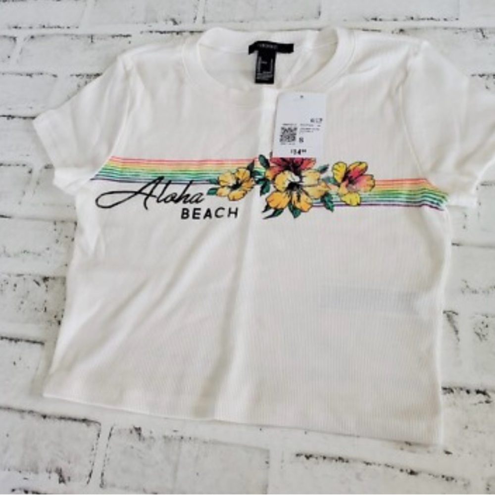 Forever 21 White Aloha Beach Tee with Floral Accents